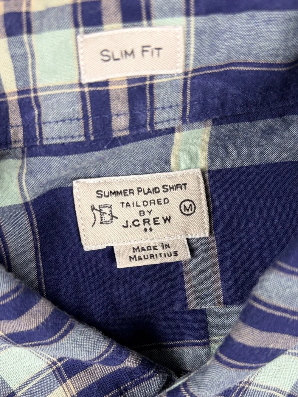 J. Crew Summer Plaid Shirt Navy and Light Green Plaid Button-Down‎ 100% cotton